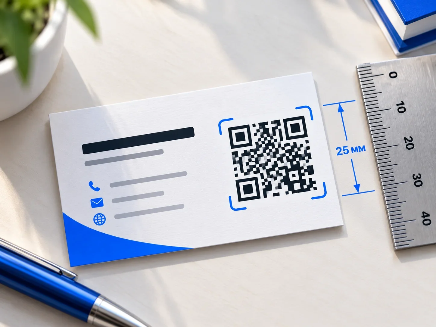 Визитка с QR-кодом и линейкой: сторона кода 25 мм
